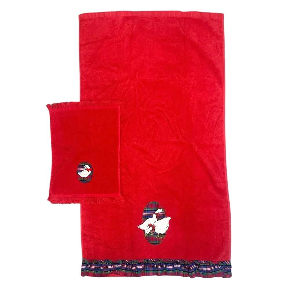 VTG Goose Bath‎ Towel Set Red Plaid Trim 80s 90s Cottagecore Holiday Grannycore
